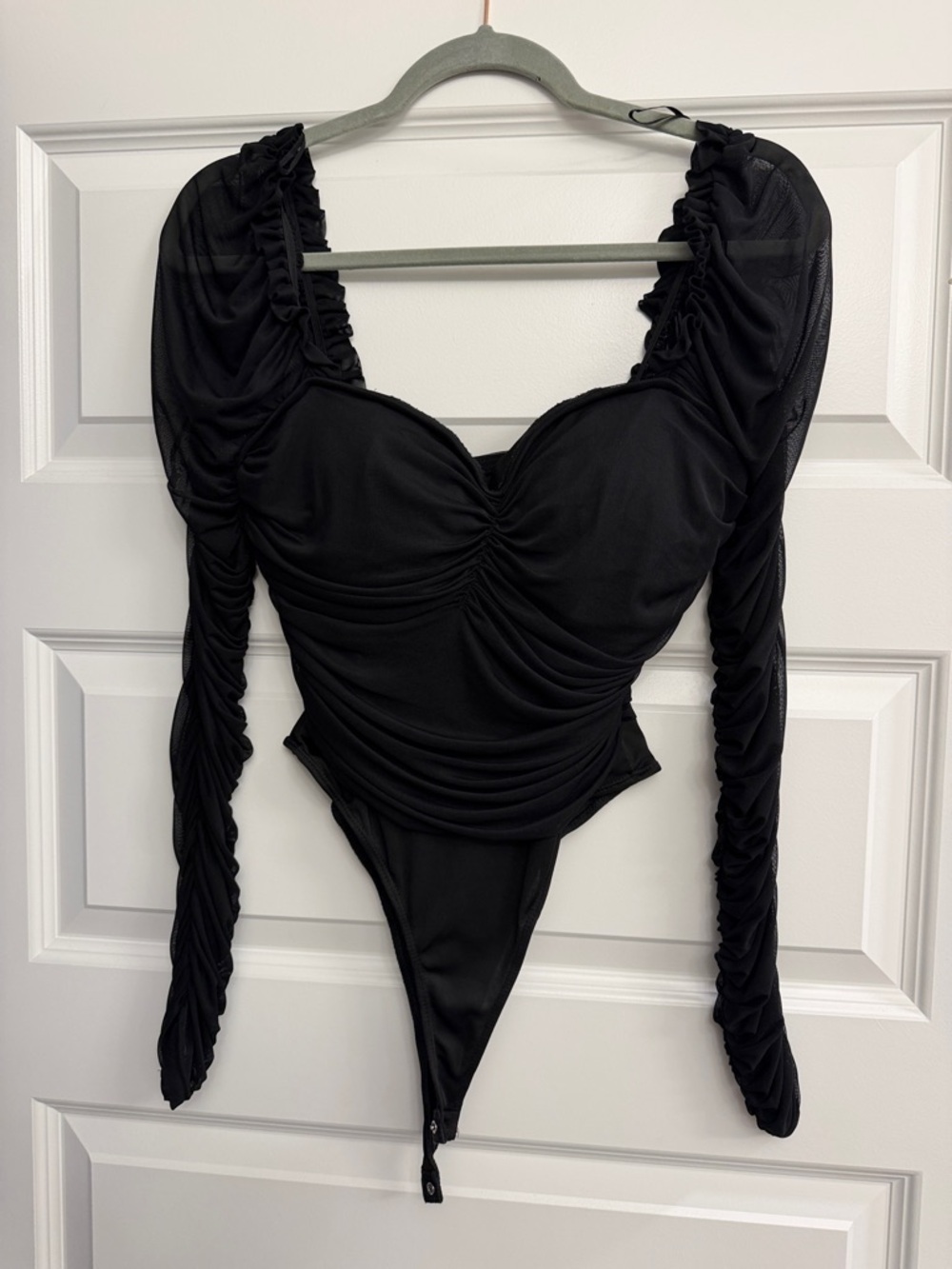 Black Ruched Long-Sleeve Bandeau Bodysuit - Women Intimates